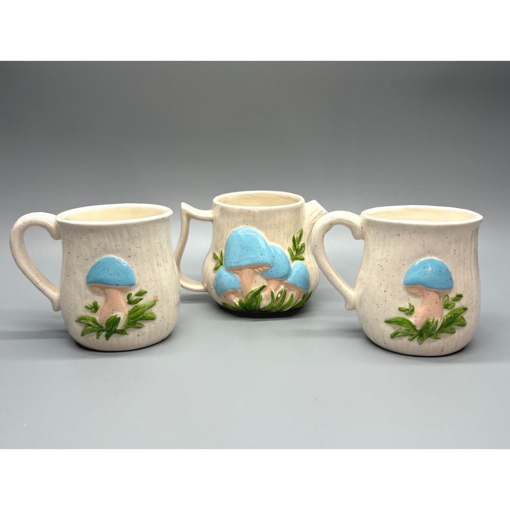 Vintage Ceramic Blue Mushroom Mugs Set Whimsical Creamer Coffee Cup Trio